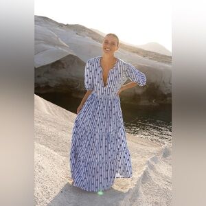 Oliphant Capri Blue White Striped Floral Puff Sleeve Tiered Maxi Dress XS
